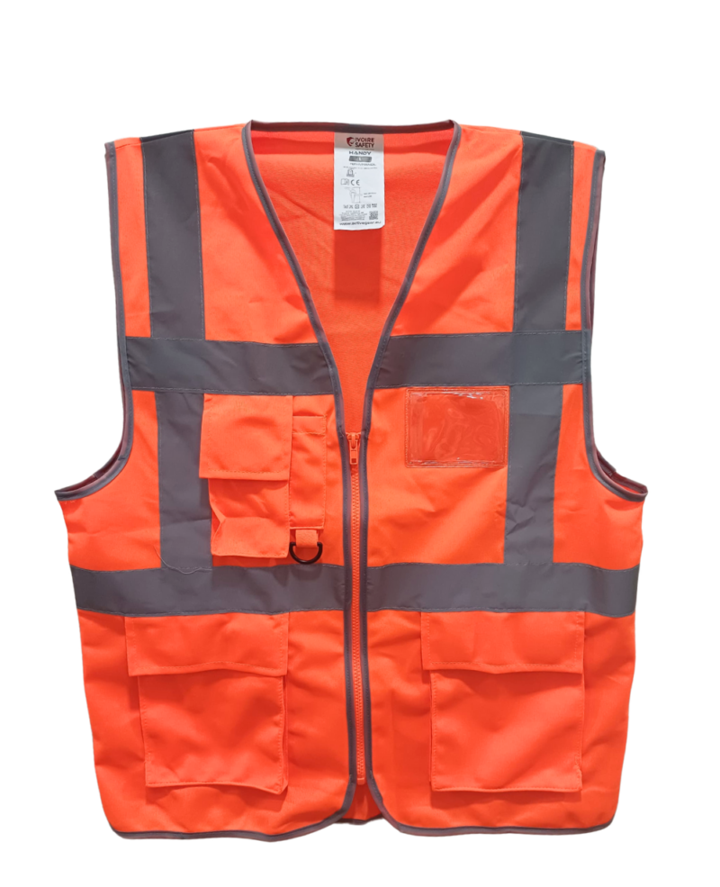 GILET DE SECURITE MULTIFONCTION ORANGE IVOIRE SAFETY POCHES + BANDES