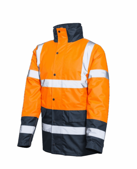VESTE/PARKA IMPERMEABLE DOUBLE NEON ORANGE/NAVY AVEC BANDES REFLECHISSANTES