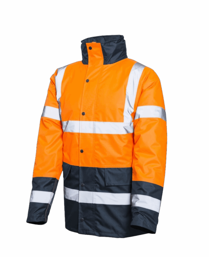 VESTE/PARKA IMPERMEABLE DOUBLE NEON ORANGE/NAVY AVEC BANDES REFLECHISSANTES