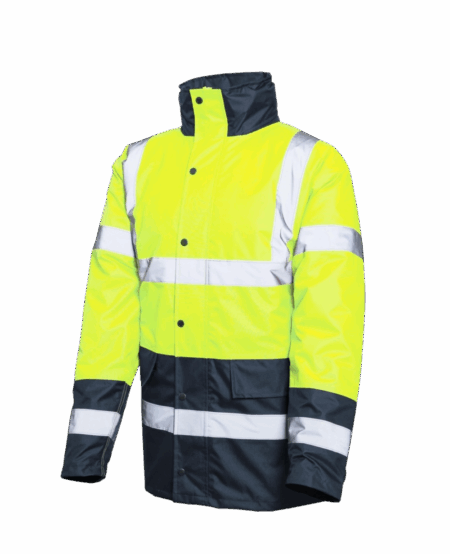 VESTE/PARKA IMPERMEABLE DOUBLE NEON JAUNE/NAVY AVEC BANDES REFLECHISSANTES