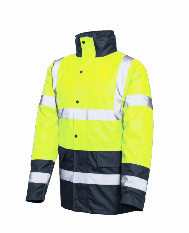 VESTE/PARKA IMPERMEABLE DOUBLE NEON JAUNE/NAVY AVEC BANDES REFLECHISSANTES