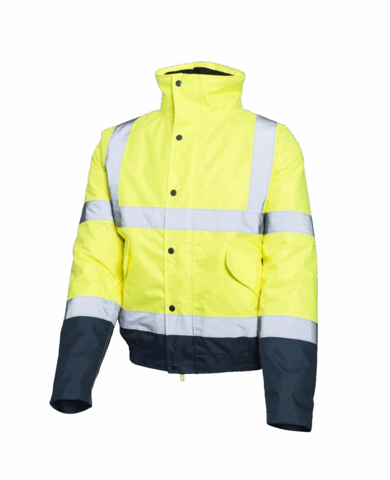 VESTE/PARKA IMPERMEABLE DOUBLE FLASH BOMBER JAUNE/NAVY AVEC BANDES REFLECHISSANTES