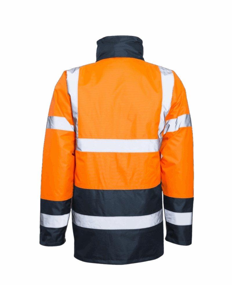 VESTE/PARKA IMPERMEABLE DOUBLE NEON ORANGE/NAVY AVEC BANDES REFLECHISSANTES – Image 2