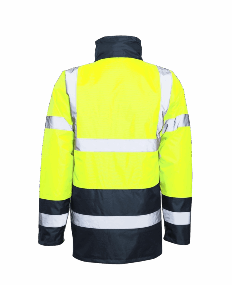 VESTE/PARKA IMPERMEABLE DOUBLE NEON JAUNE/NAVY AVEC BANDES REFLECHISSANTES – Image 2