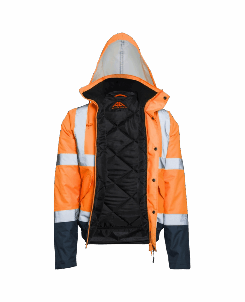 VESTE/PARKA IMPERMEABLE DOUBLE FLASH BOMBER ORANGE/NAVY AVEC BANDES REFLECHISSANTES – Image 3