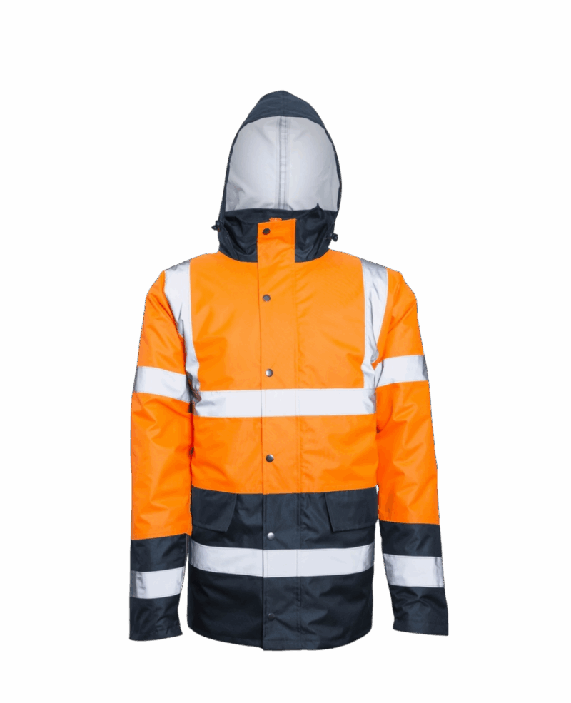 VESTE/PARKA IMPERMEABLE DOUBLE NEON ORANGE/NAVY AVEC BANDES REFLECHISSANTES – Image 3