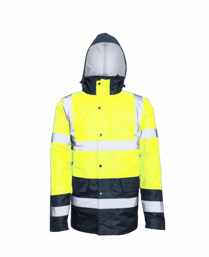 VESTE/PARKA IMPERMEABLE DOUBLE NEON JAUNE/NAVY AVEC BANDES REFLECHISSANTES – Image 3
