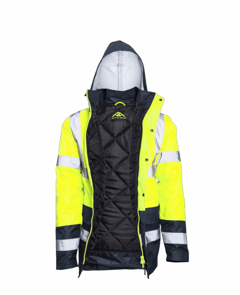 VESTE/PARKA IMPERMEABLE DOUBLE NEON JAUNE/NAVY AVEC BANDES REFLECHISSANTES – Image 4