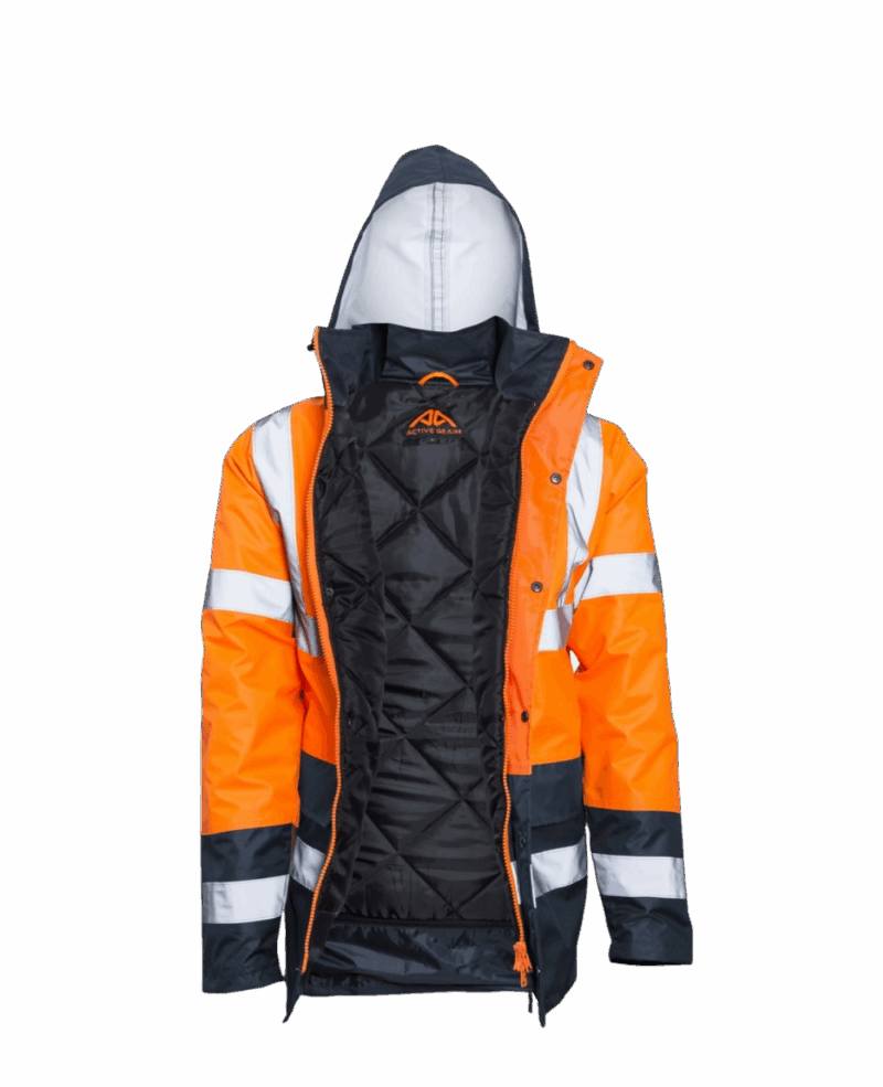 VESTE/PARKA IMPERMEABLE DOUBLE NEON ORANGE/NAVY AVEC BANDES REFLECHISSANTES – Image 4