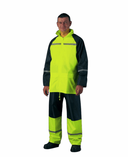 ENSEMBLE DE PLUIE SOUPLE JAUNE FLUO AVEC BANDES REFLECHISSANTES