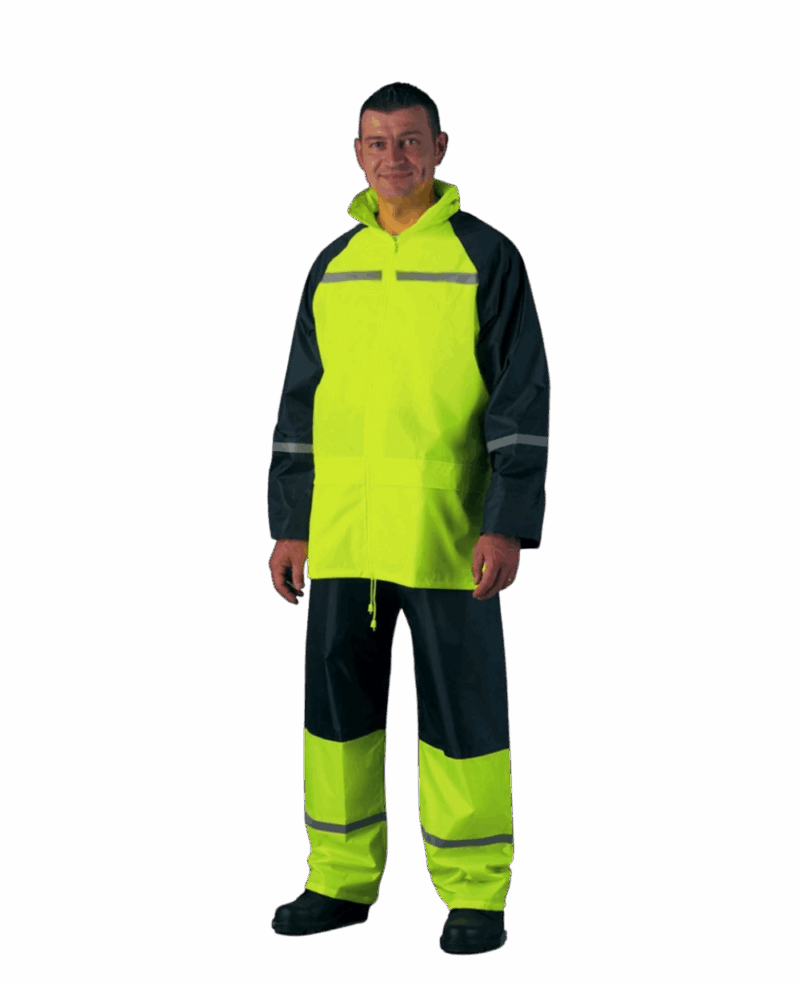 ENSEMBLE DE PLUIE SOUPLE JAUNE FLUO AVEC BANDES REFLECHISSANTES