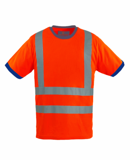 T-SHIRT MANCHE COURTE HAUTE VISIBILITE, ORANGE FLUO AVEC QUATRE BANDES