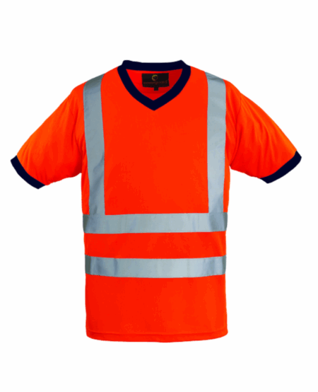 T-SHIRT YARD COL V HI-VIZ ORANGE, 100% POLYESTER + BANDES RETRO