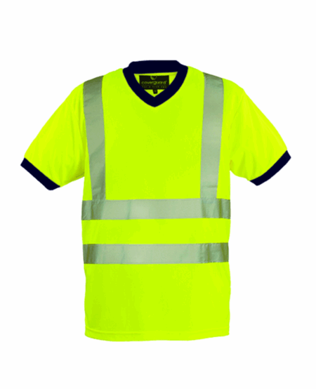T-SHIRT YARD COL V HI-VIZ ORANGE, 100% POLYESTER + BANDES RETRO