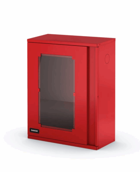 COFFRE POUR TUYAUX INCENDIE UNI 45 EN ACIER PEINT ROUGE - AVEC FENETRE (430X550X195)