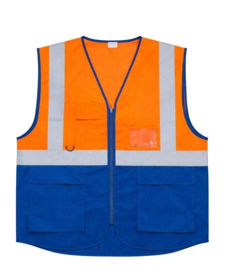 GILET DE SIGNALISATION HV ORANGE/BLEU 4 BANDES RETRO REFLECHISSANTES + POCHE