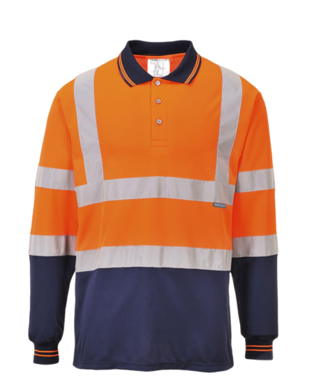 POLO MANCHE LONGUE PORTWEST BICOLORE ORANGE/BLEU + BANDES