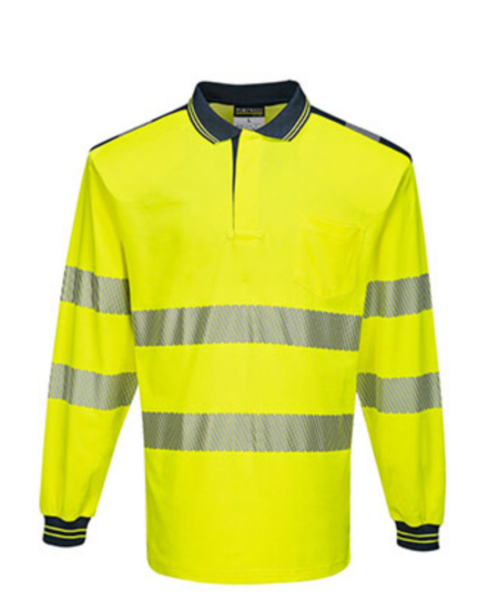 POLO MANCHE LONGUE PORTWEST PW3 HAUTE VISIBILITE JAUNE/BLEU + BANDES